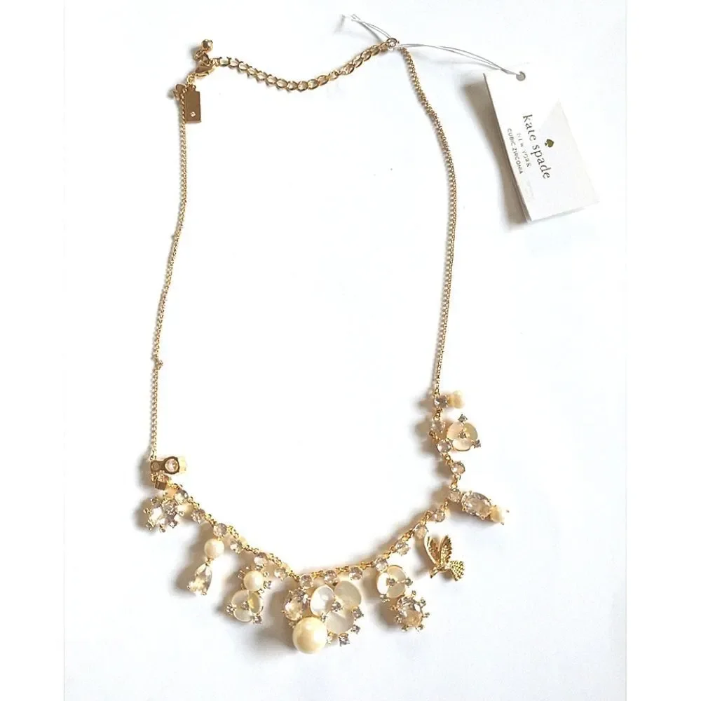 New! KATE SPADE Disco Pansy Flower Bird Crystal Gold-tone Necklace 16